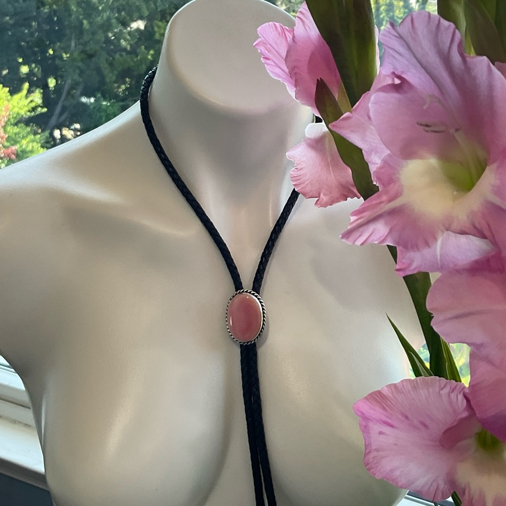 Native made Bolo with pink conch, sterling silver accessory